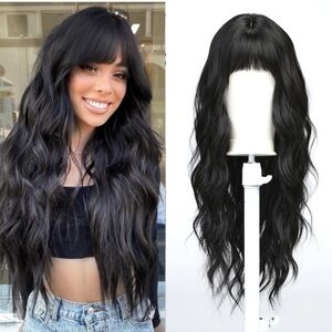 Long Curly Black wig Wigs with Bangs